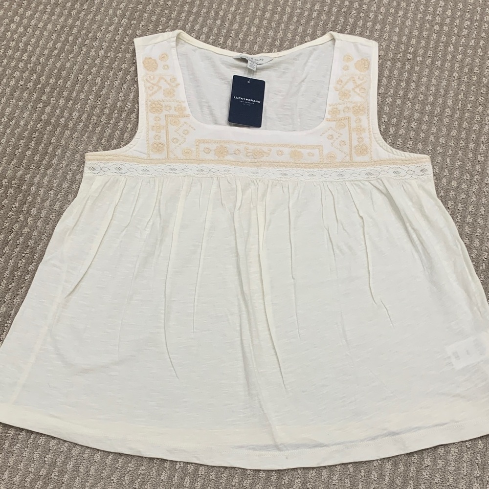 Lucky Brand Cream Embroidered Tank Top